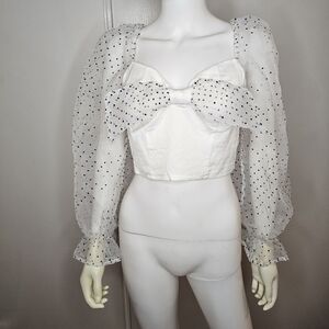 Hot & Delicious Black And White Puff Long Sleeve Mesh Polka Dot Top Size Small